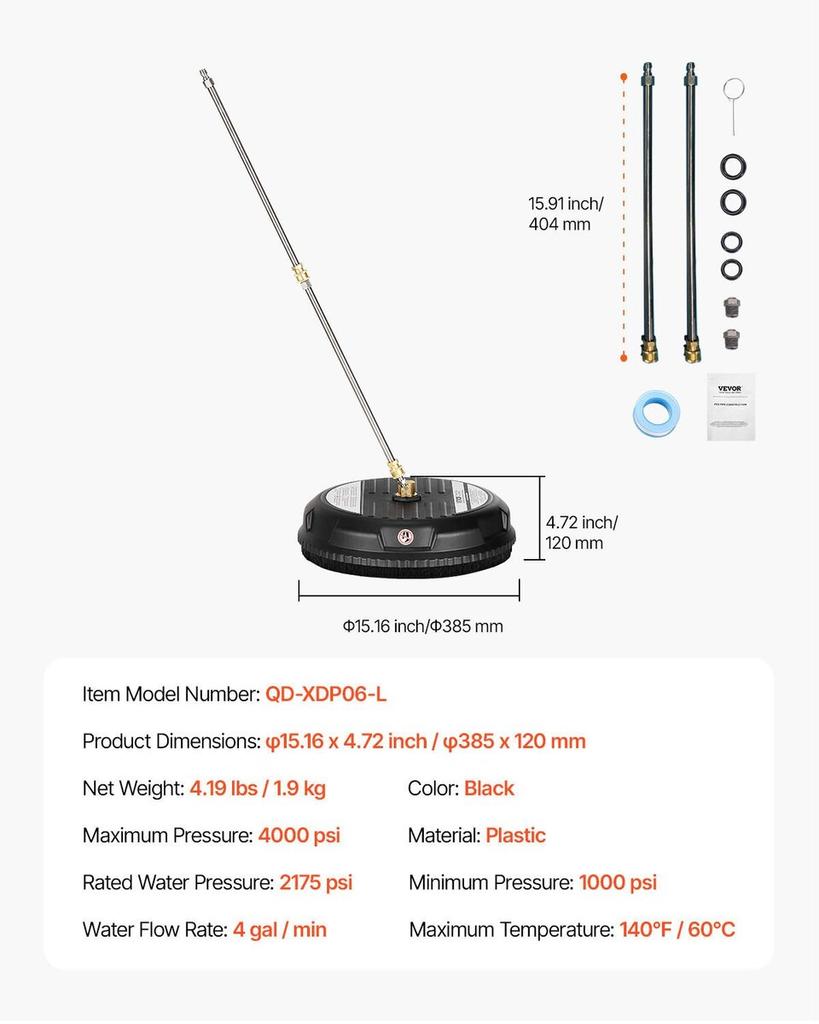 15" Pressure Washer Surface Cleaner 3000 Max PSI Plastic 2 Extended Wands