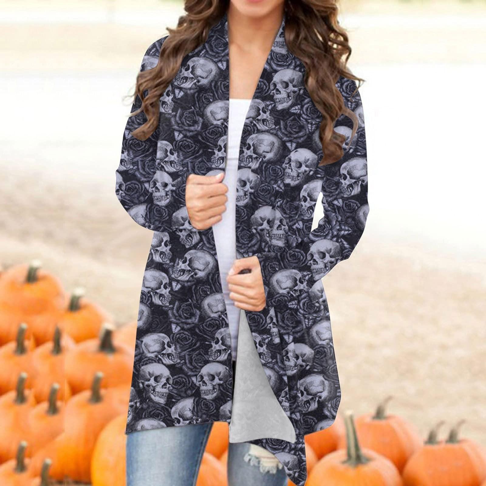 

Женская модная повседневная куртка-кардиган средней длины с принтом Хэллоуина 2022, пальто L тёмно-синий