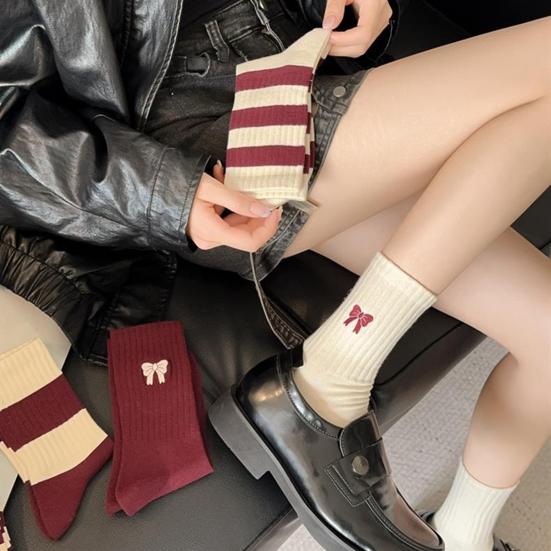 1 Pair Mid-tube Socks Striped Print Bowknot Patten College Style Socks Elastic Warm Socks Versatile Footwear Accessory