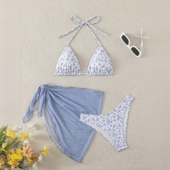 3-tlg./Set Damen Blumenmuster Bikini-Set Neckholder Gepolstert Ohne Bügel BH Schnelltrocknend Badehose Unifarben Überwurf Rock Set Sommer Strandmode