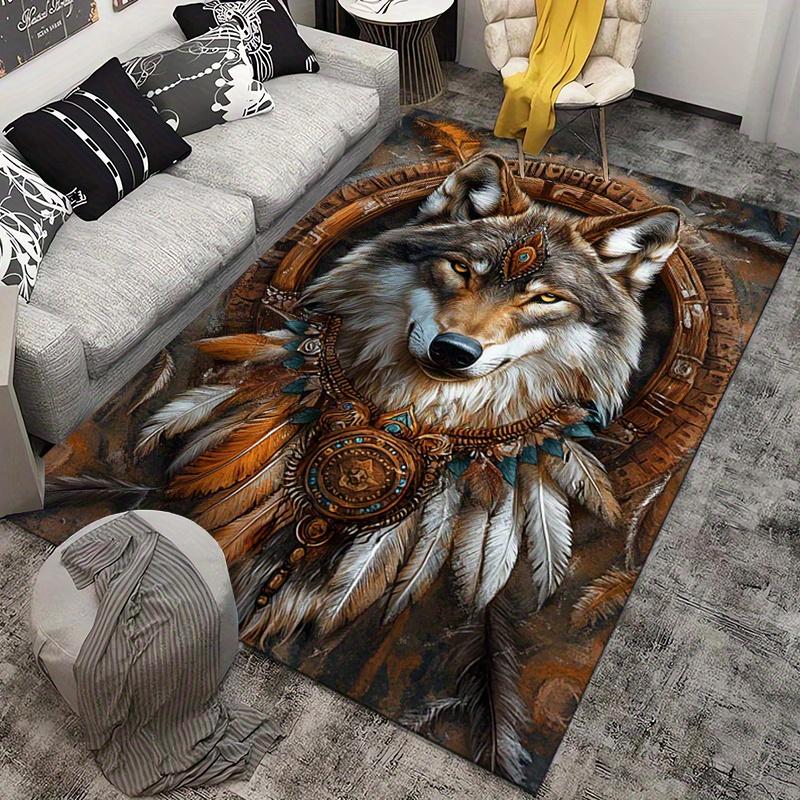 3D Wolf Head Print Non-Slip Mat, Tribal Design with Feathers Beads, Machine Washable Polyester Rug for Living Room Bedroom Decor