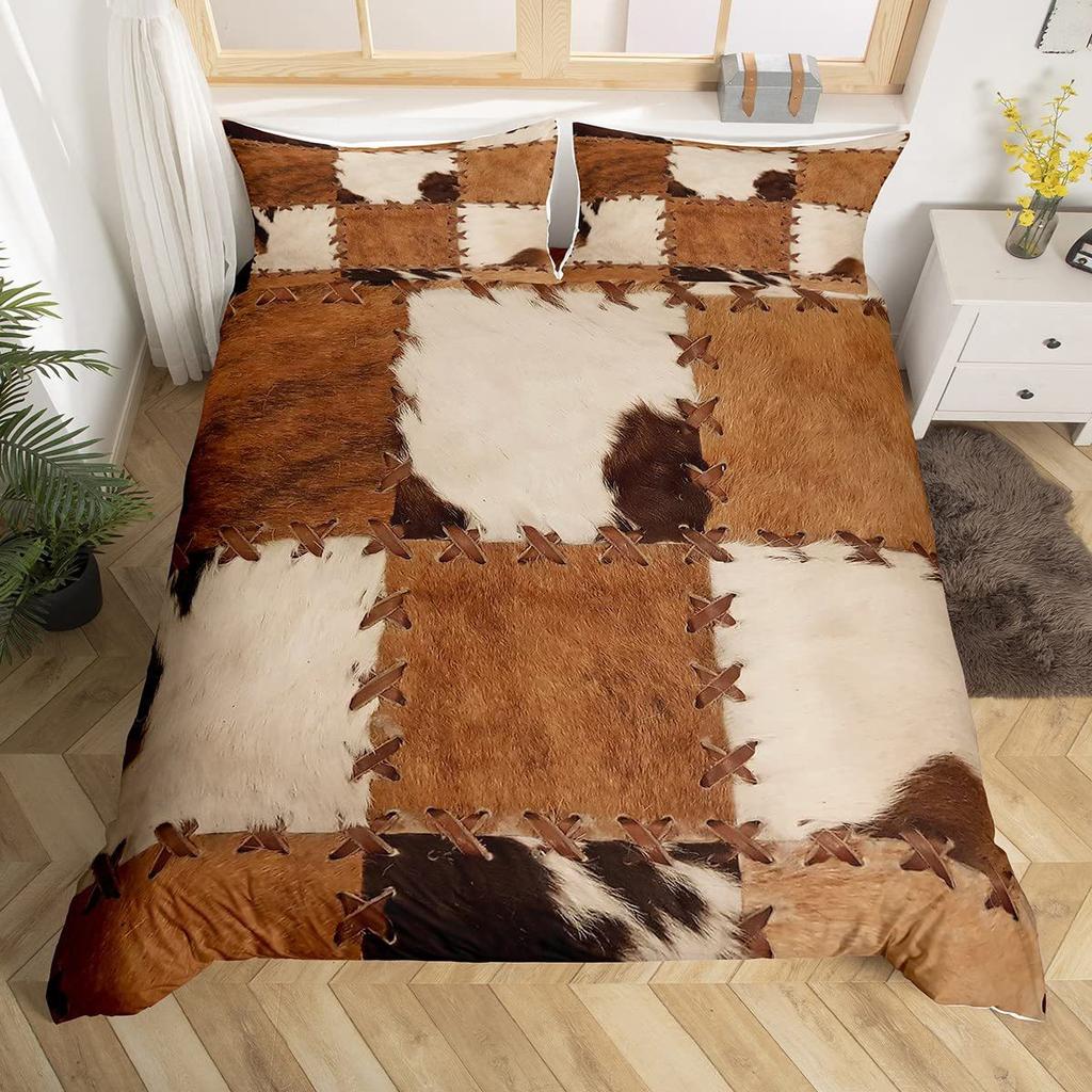 Cowhide King Queen Duvet Cover Patchwork Cow Fur Print Bedding Set Animal Quilt Cover Western Cowboy Polyester Comforter Cover