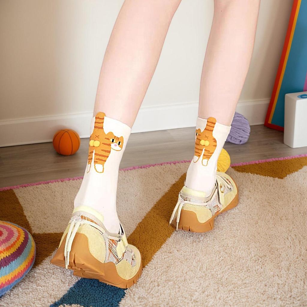 Cartoon Cat Socks Creative Casual Cat Lover Socks Funny Cat Crew Socks With Balls Breathable Female Supplies Adorable Hosiery