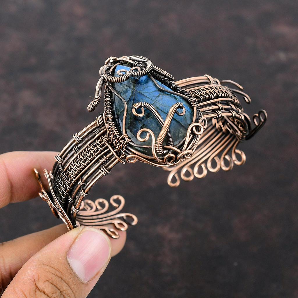 Labradorite Copper Cuff Bracelet Wire Wrapped Bangle Adjustable Bracelet Gemstone Cuff Bracelet Handmade Copper Bangle Labradorite Jewelry