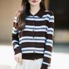 Zhenxu Damen Wollmischung Gestreifter Polo-Strickjacke