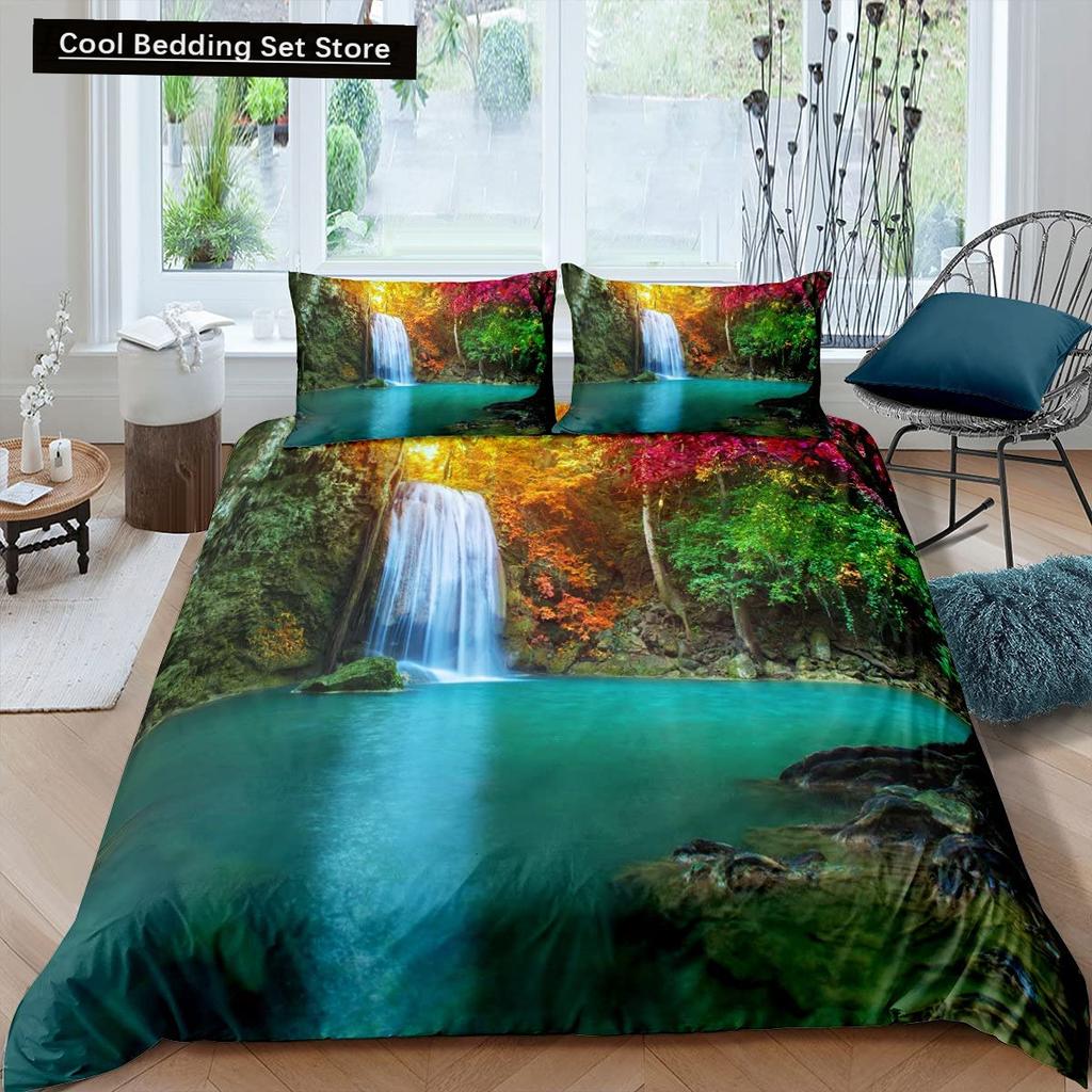 Waterfall king Queen Duvet Cover Floral Trees Bedding Set Natural landscape quilt cover Purple Dream polyester Comforter Cover