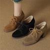 Women Lace Up Platform Pumps Square Heel Round Toe High Heels British Style Oxfords Autumn Low Top Student Shoes Black Booties