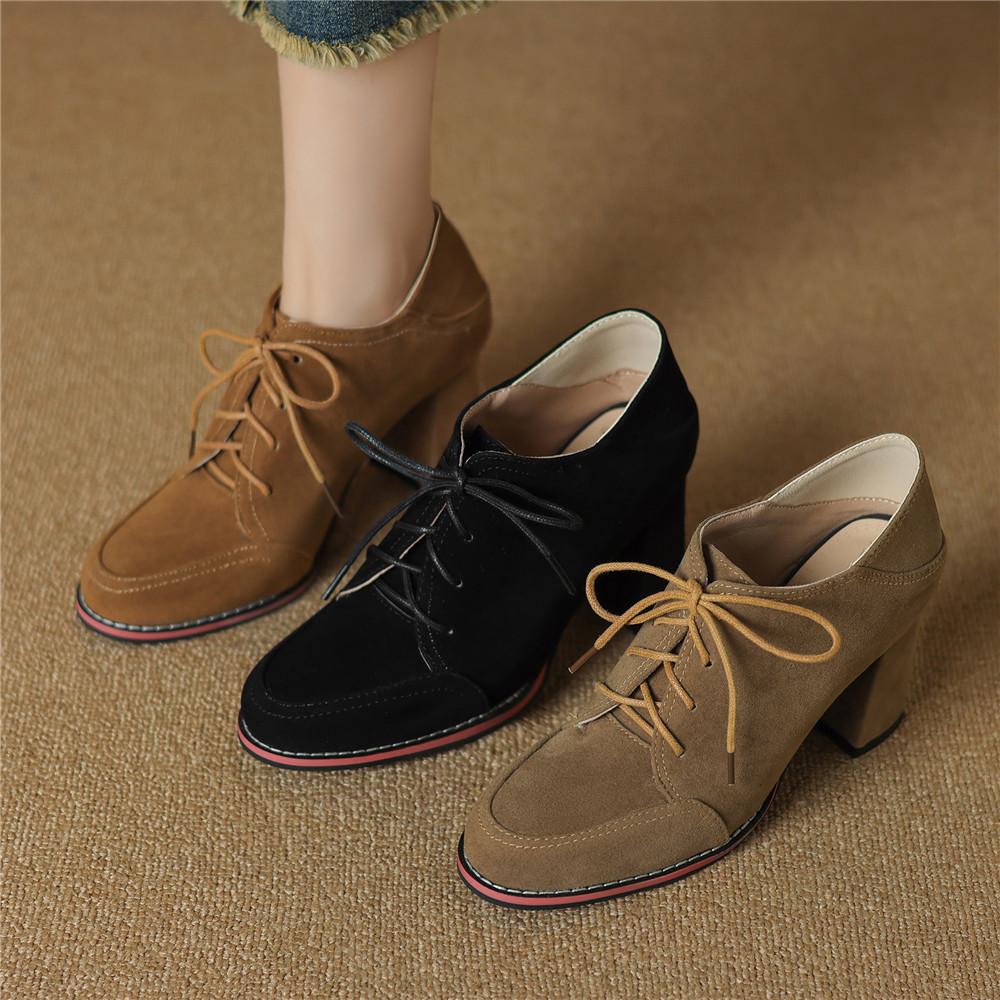 Women Lace Up Platform Pumps Square Heel Round Toe High Heels British Style Oxfords Autumn Low Top Student Shoes Black Booties