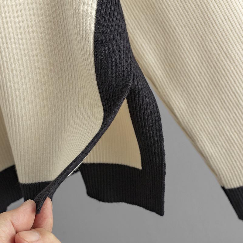 GMXIA Knitwear Set for Women's Autumn Design: A Two-piece Outfit Featuring A Contrasting Color Round-neck Top and A Slit Skirt, Exuding Elegance