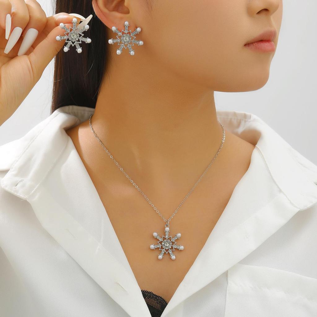 Elegant Snowflake Jewelry Set: Full Diamond Alloy Necklace & Earrings, Perfect for Chinese Valentine's Day.