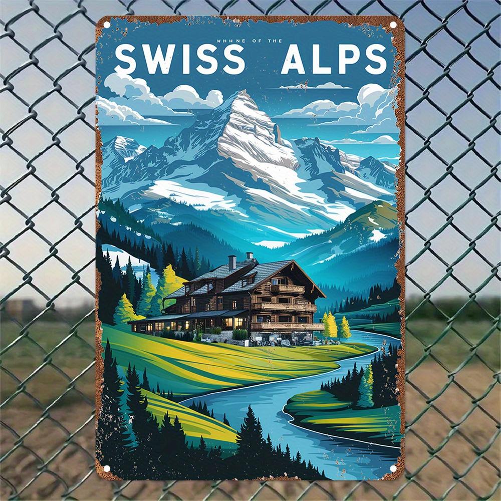 1pc Swiss Alps Vintage Iron Wall Art Sign - Rustic Metal Decor with Vibrant Alpine Landscape, 12x8 Inches (30x20cm), Detailed Ar