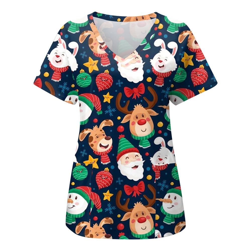 Chirurgische Uniformen Feiertage Weihnachten Drucke Stil Taschendesign Chirurgisches Kostüm Frau V-Ausschnitt Kurzarm Krankenschwester Medizinische Uniform