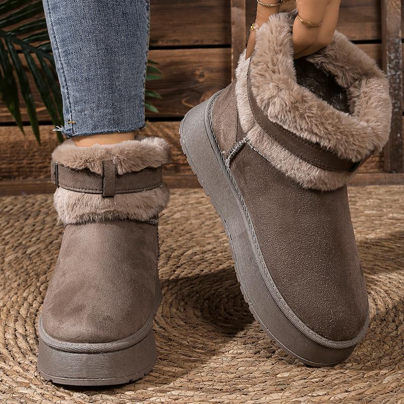 Fashion Buckle Faux Fur Winter Ankle Boots Women Cotton Padded Thicken Plush Snow Boots Comfort Thick Sole Non Slip Platform Casual Shoe