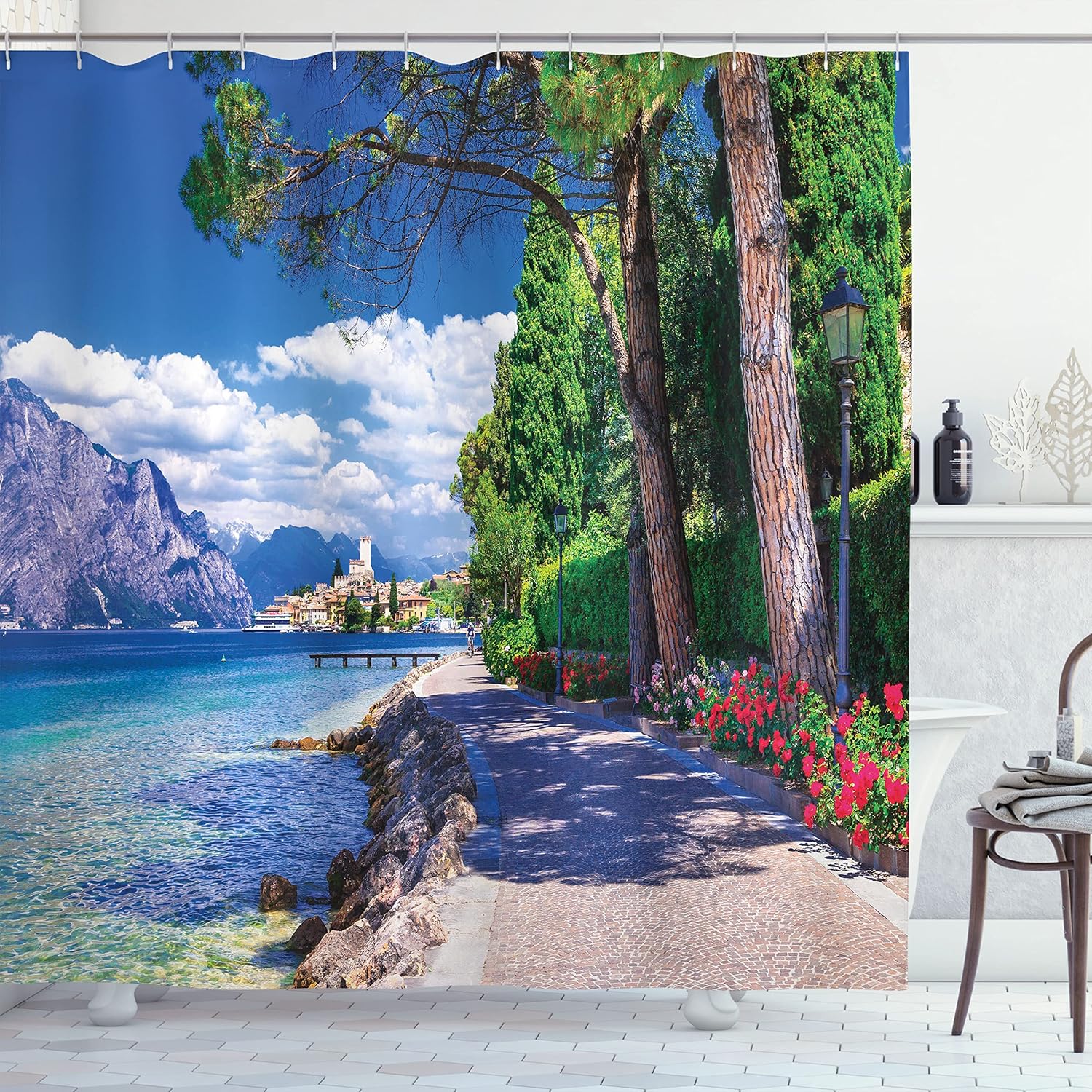 Landscape Shower Curtain with Hooks – Lago di Garda, Italy View, Lake & Mountain Scenery for Nature-Inspired Bathroom Decor 90x180cm35x71in