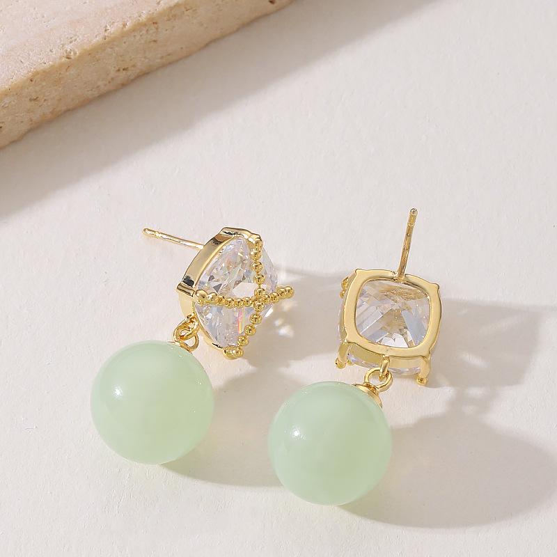 Korean Style Green Chalcedony Diamond Square Stud Earrings for Women, Elegant and Versatile, Niche Design.