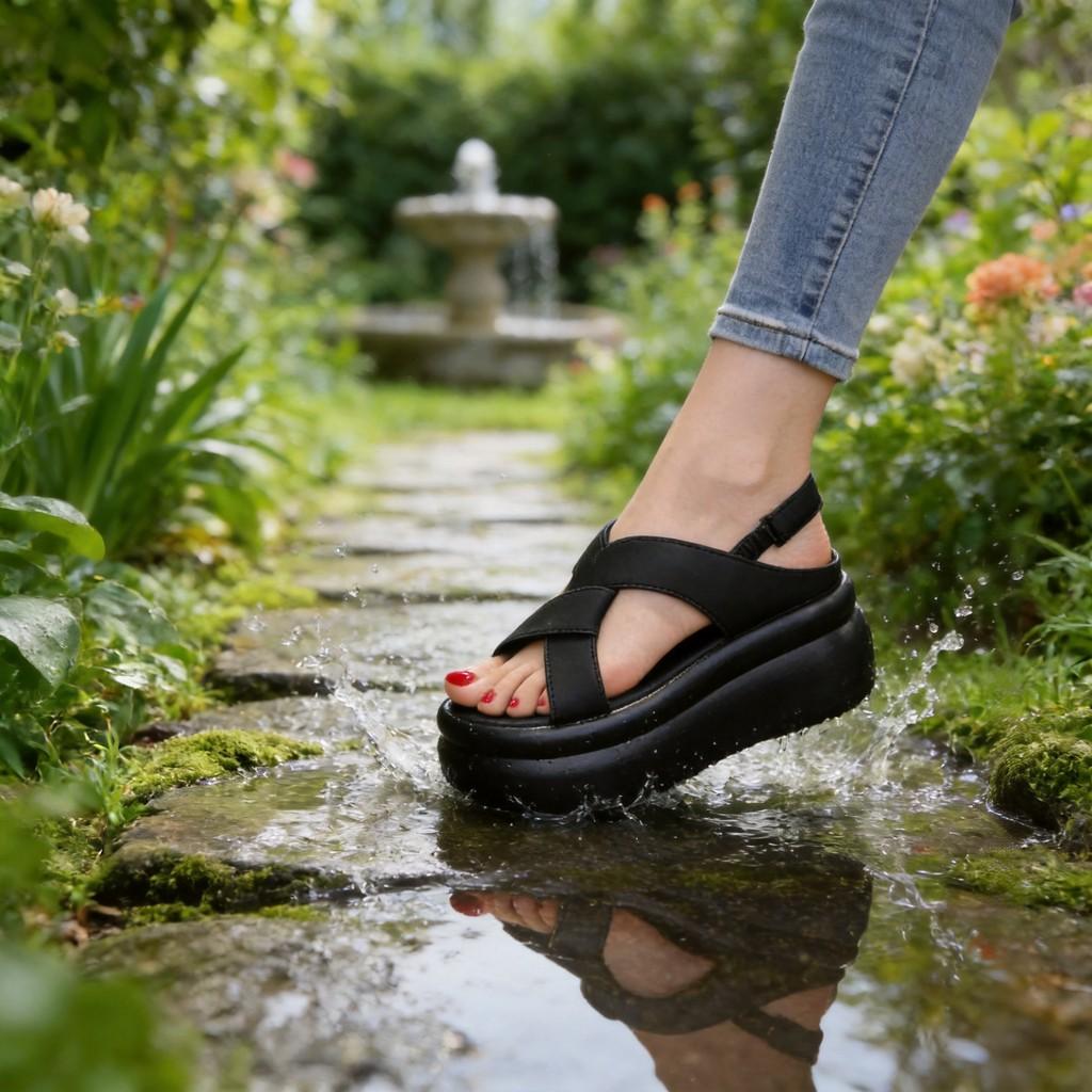 Summer Female Platform Sandals With Crossed Pu Upper And Rubber Sole For Beach Casuals