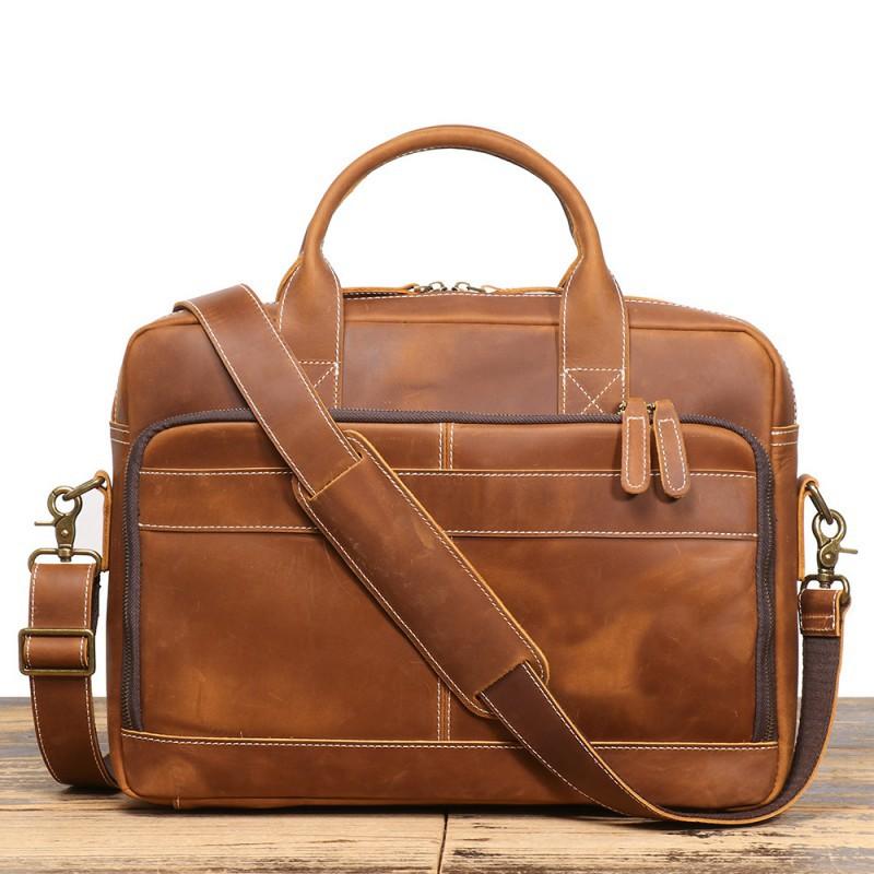 

Business Commuter Handheld Leather Computer Bag Crazy Horse Single Shoulder Layered Large Capacity Briefcase