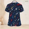 Women Plus Size V Neck Short Sleeve Star Print Navy Blue Scrub Top With Front Pockets
