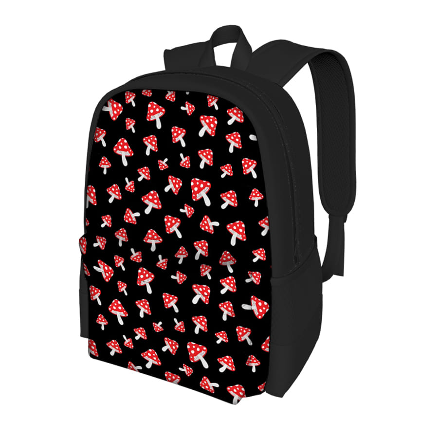 Red Mushroom Pattern Black Front Bag Backpacks for Boy and Girls Best Gifts 2D Flat Cartoon School Backpack for Children Bags