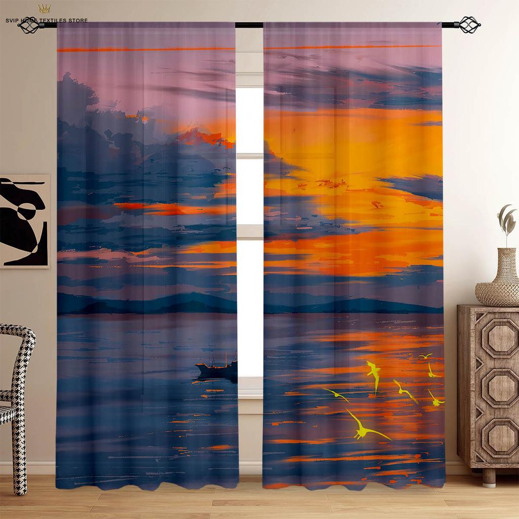 Tramonto Cielo Stellato Paesaggio Pittura a Olio Tende Stampate Camera da Letto Soggiorno Studio Dormitorio Tende Decorative 2 Pezzi