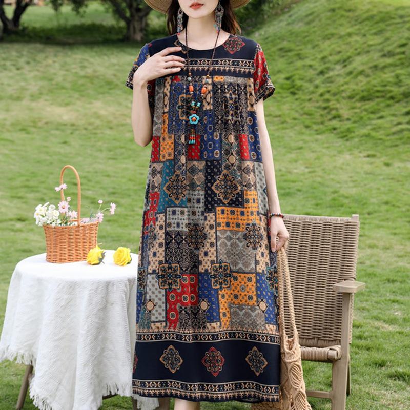 Damen Plus Size Boho-Print Maxikleid, Kurzarm Freizeit-Sonnenkleid (XL-5XL)