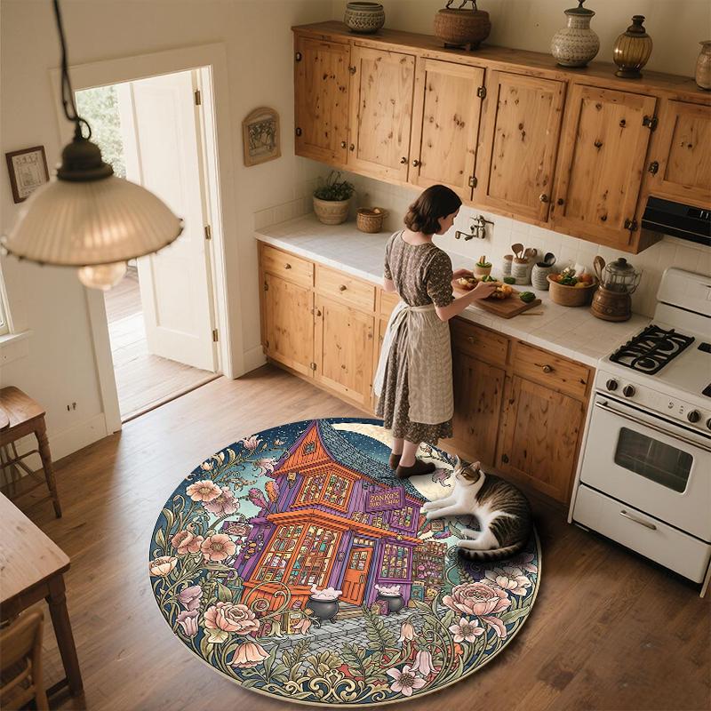 Flower Building,Round Area Rug,Carpet Rug for Living Room Bedroom Sofa Playroom Decor,Non-slip Floor Mat