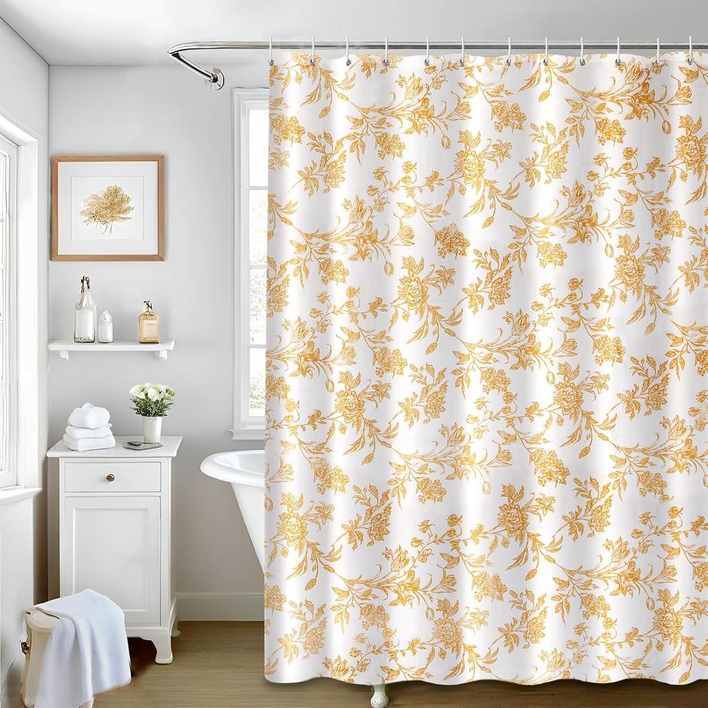 Blue Shower Curtain,Cotton Floral Cottagecore,Elegant Floral Fabric Shower Curtain Machine Washable Waterproof Bathroom Decor