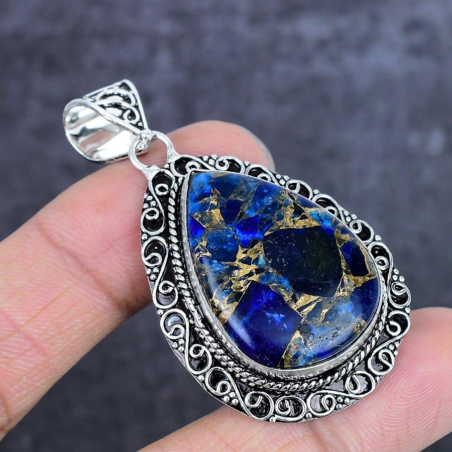 Natural Copper Blue Kyanite Gemstone 925 Sterling Silver Pendant 2.25" ETC-14015
