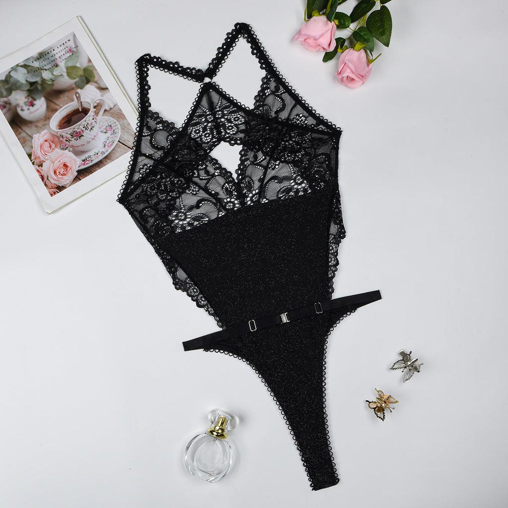 Lace Patchwork Cross Back  See Through Jumpsuit Underwear
