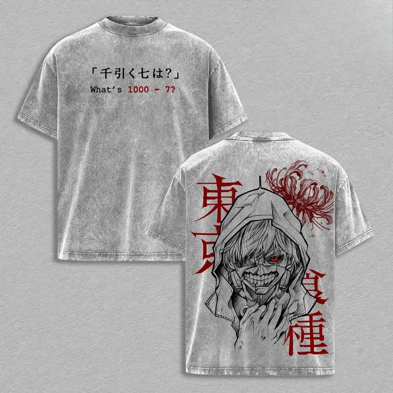 Kaneki Ken Print Tee Anime Tokyo Ghoul Clothing Men Women Retro Washed T-shirts Short Sleeve Tshirt Harajuku Male Cotton T Shirt