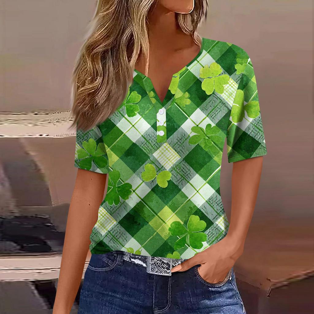 Damen T-Shirt Tee Print Knopf Kurzarm Täglich Wochenende Mode Basic V-Ausschnitt Reguläres Oberteil St. Patrick's Day