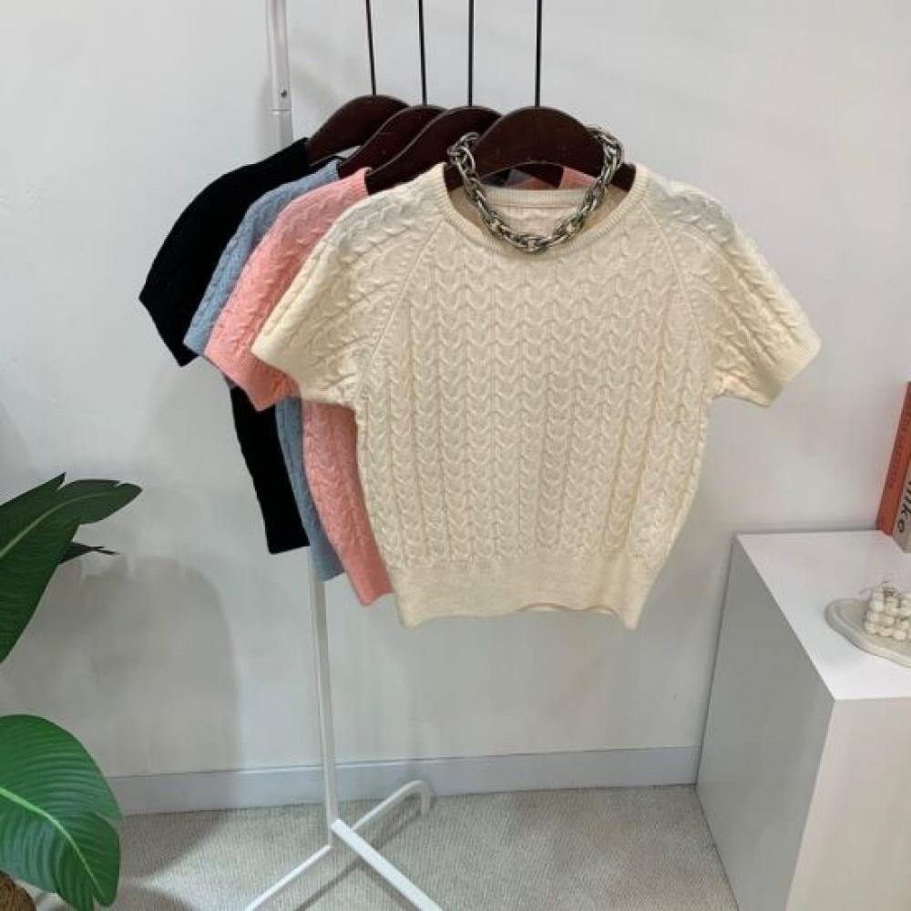 C S In The Room Cre Wool 25 baSiC Double Cable Round neCk Short Sleeve Knit 4Col