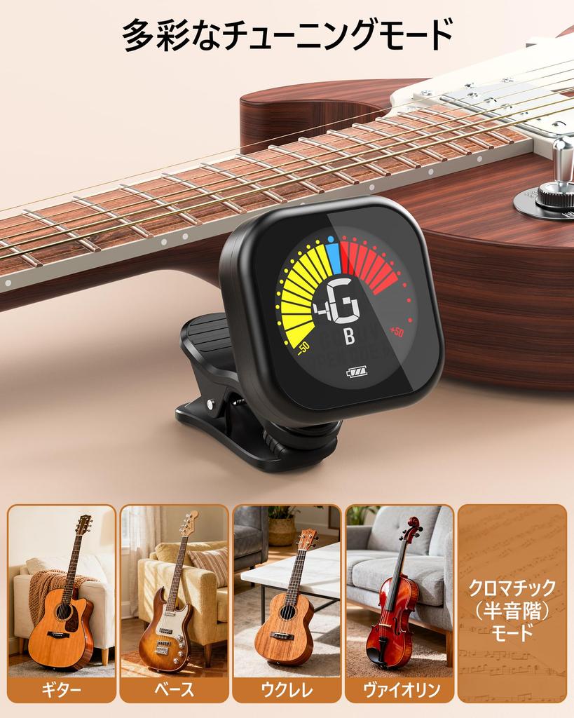 New Bee GT30 Rechargeable Guitar Tuner with LCD Fast and Precise Compact and Function High-Brightness Screen, 360° Rotation, Tuning, Design, Auto-Off