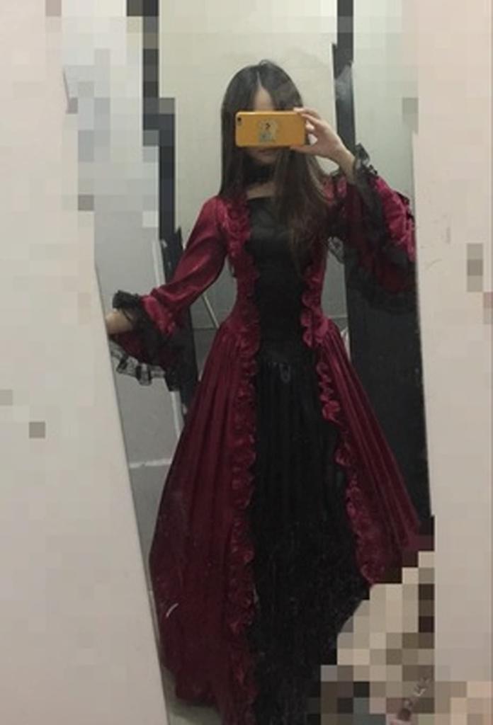 Gothic Lolita Long Dress with Aristocratic Perfect for Stage and Authentic Cosplay Costume for Women with Panniers Wine [Hosaku Co., Ltd.] U-Neck,