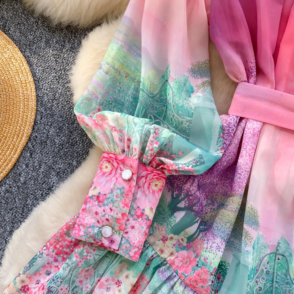 Summer Spring Women Lantern Sleeve Stand Collar Print Mini Short Beach Vacation Lace-up Dresses