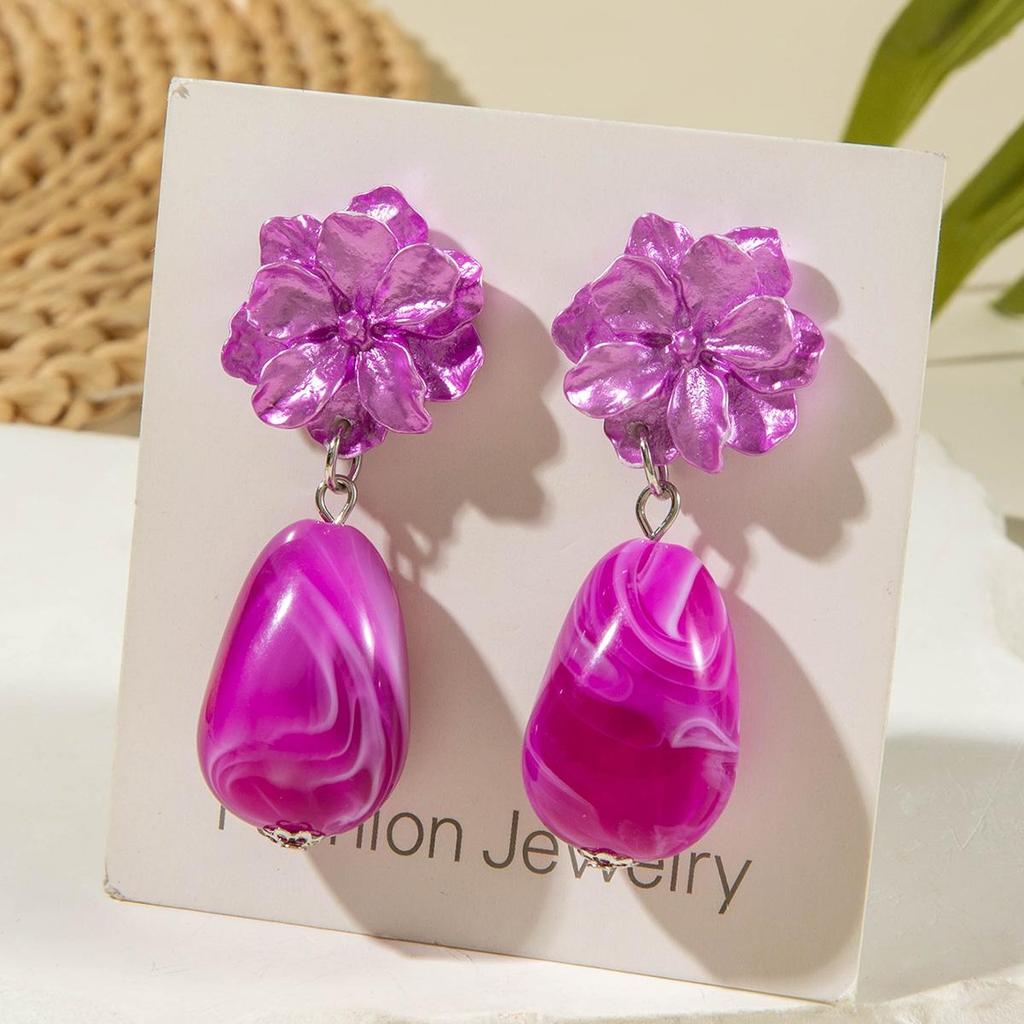 Unique Purple Camellia Stone Pendant Earrings for Women's Jewelry Vacation Matching Earrings