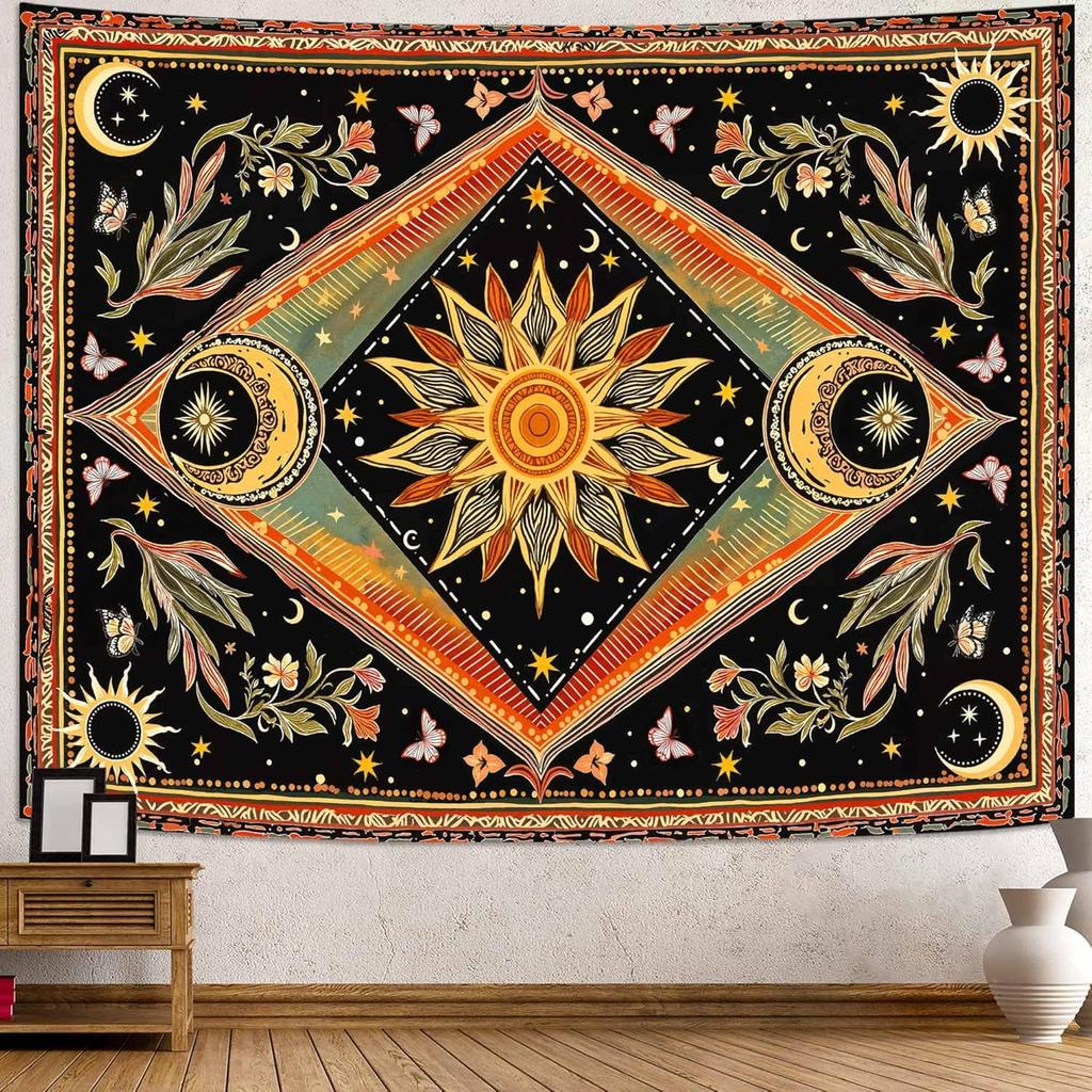 VIKAMA Tapiz Sol Luna Dormitorio Hippie Bohemio Flor Tapiz de Pared Flor Retro Plantas Espíritu Celestial Gran Tapiz