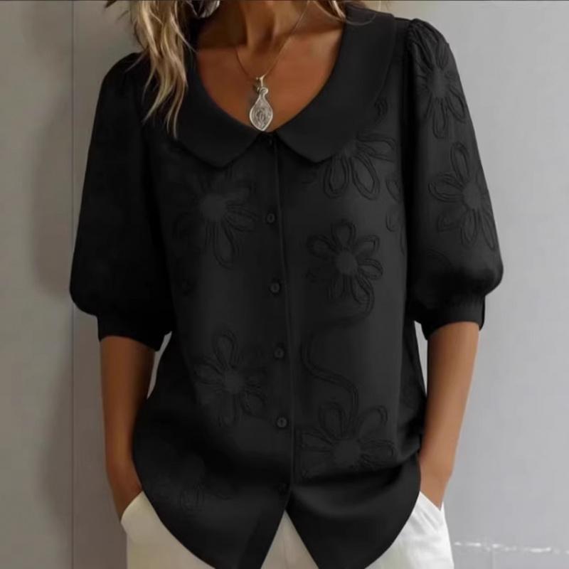 Camisa de Mujer Casual Vintage Holgada con Botones Bordada Floral de Manga Media Nueva Primavera/Verano 2026