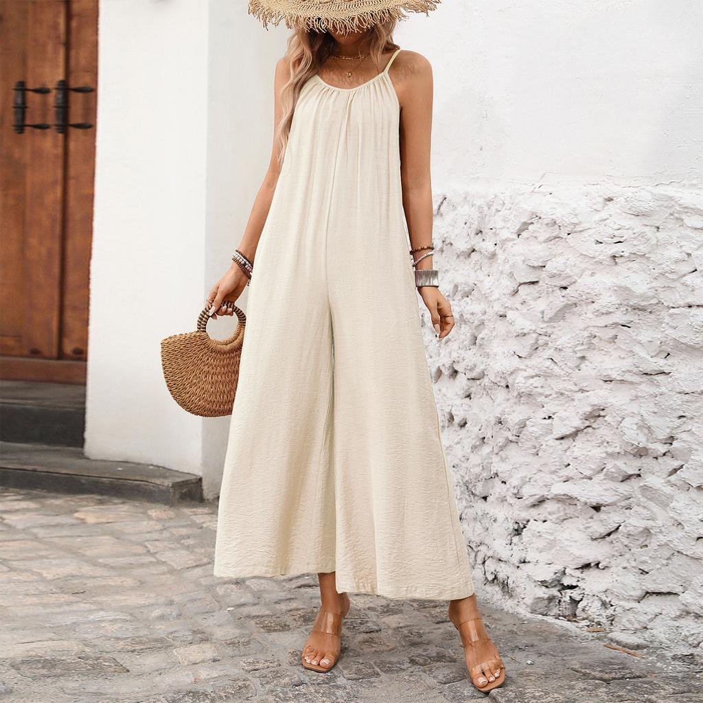 Damen Jumpsuit Lockerer Schnitt Verstellbare Spaghettiträger Weiter Bein Leichte Fließende Overalls für Freizeit
