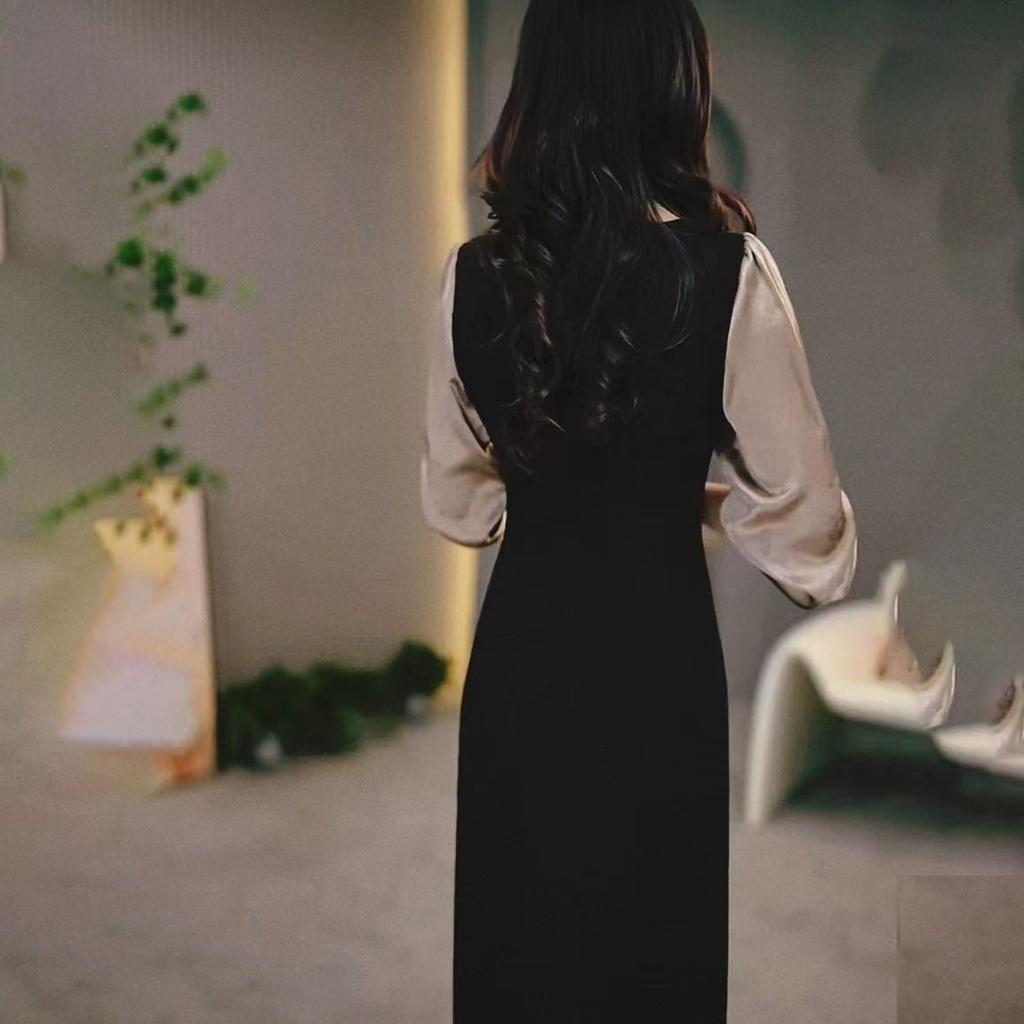 Patchwork Design Sense Dress Women's Spring Autumn High-End Temperament Split Waist-Cinching Black Skirt