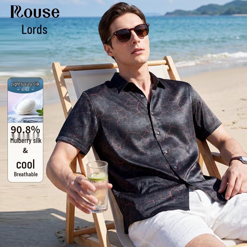 Luozi Men s Summer Crackle Print Silk Blend Short-Sleeve Shirt 175
