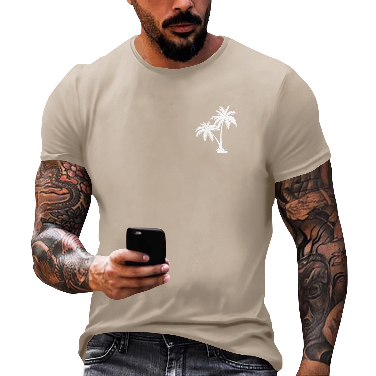 Гавайский принт - мужская повседневная футболка с круглым вырезом и короткими рукавами L хаки