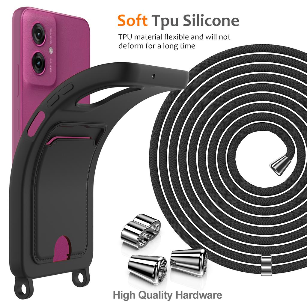 For Motorola Moto G55 5G Case Liquid Silicone Card Holder Back Phone Cover with Lanyard