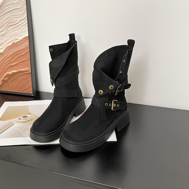 

Brown Martin boots women s 2025 new summer two-wear medium tube knight boots retro thick heel thick-soled matte short boots women 40 чёрный