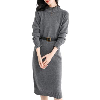 Knit Dress for Knee Long Mock Fall and Neat Long Korean Adult Spring Korean Women, Length, Sleeves, Plain, Neck, Ribbed, I-line, Winter, Simple, Soft,