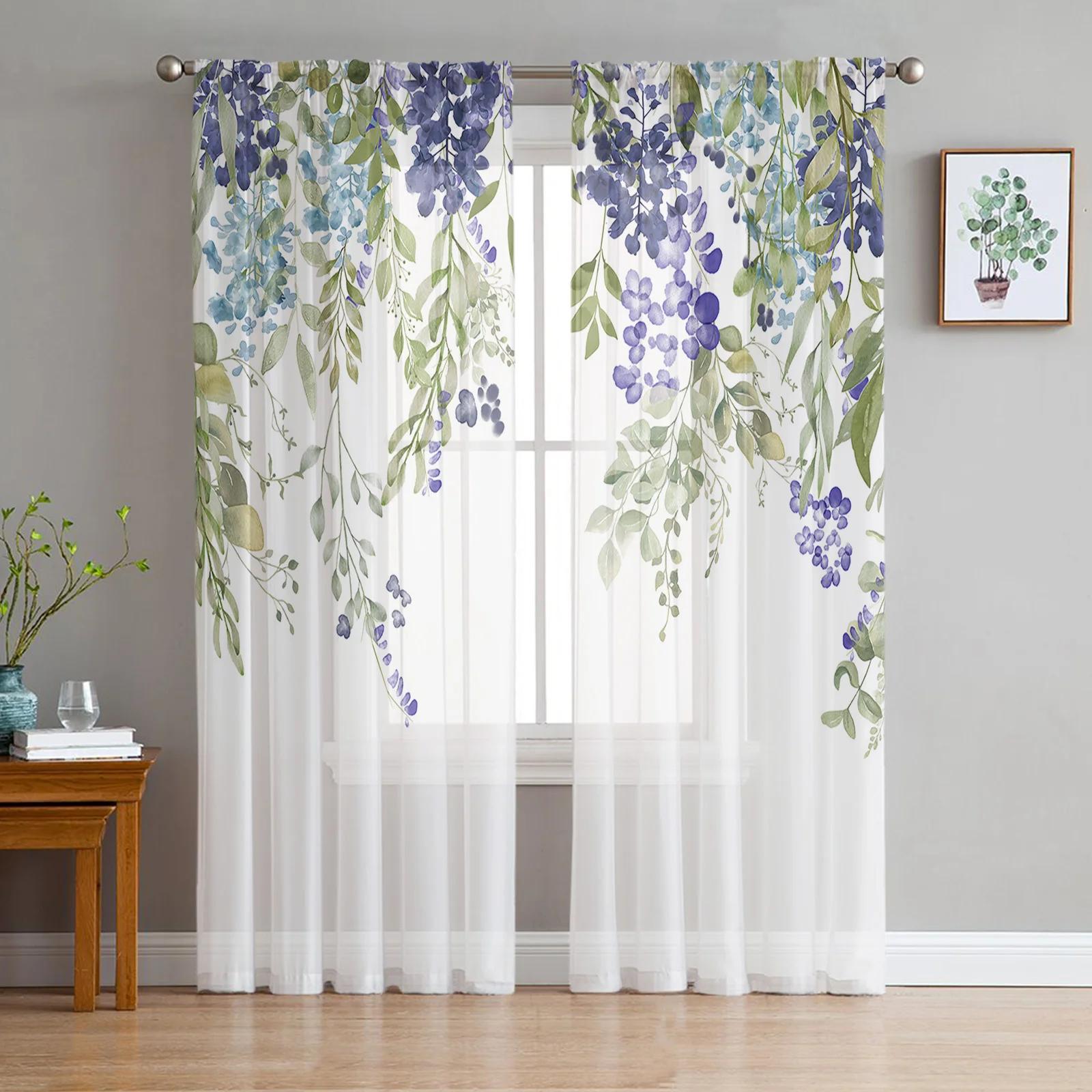 

Violet Purple Wisteria Vine Floral Pure White Soft Tulle Transparent Drapes Perfect for Living Room Decoration Window Panel Curtain Ideal for W135 x H115cm x1&Rod Pocket