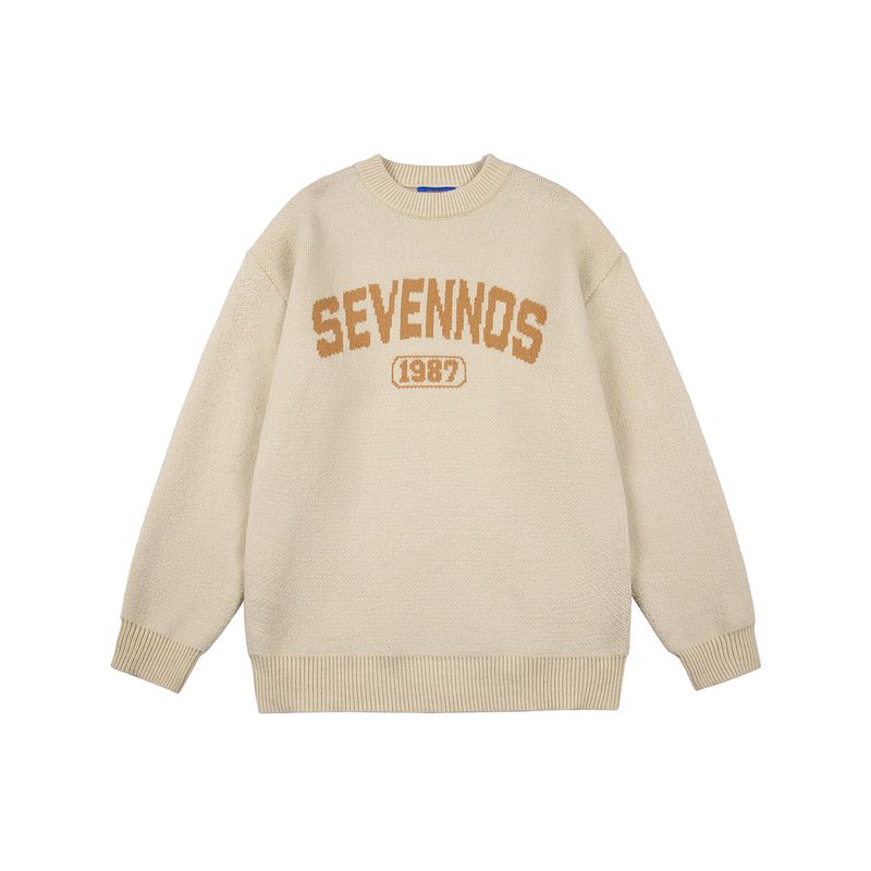 

Men s Autumn and Winter Retro Letter Jacquard Sweater, Men s Round Neck, Lazy Style, Loose, Warm Base Shirt, Knitwear, Trendy Apricot color 2XL