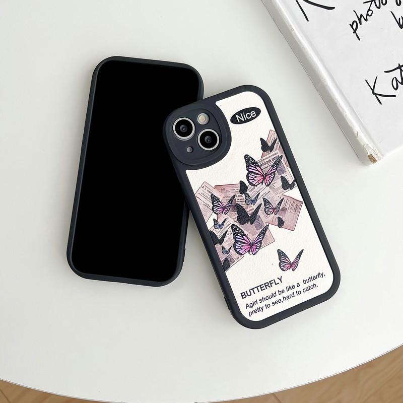 Kožené černé pouzdro silikonové flexibilní měkké pouzdro z TPU módní Rose Butterfly potisk zadní kryt mobilního telefonu pro iPhone Samsung Xiaomi