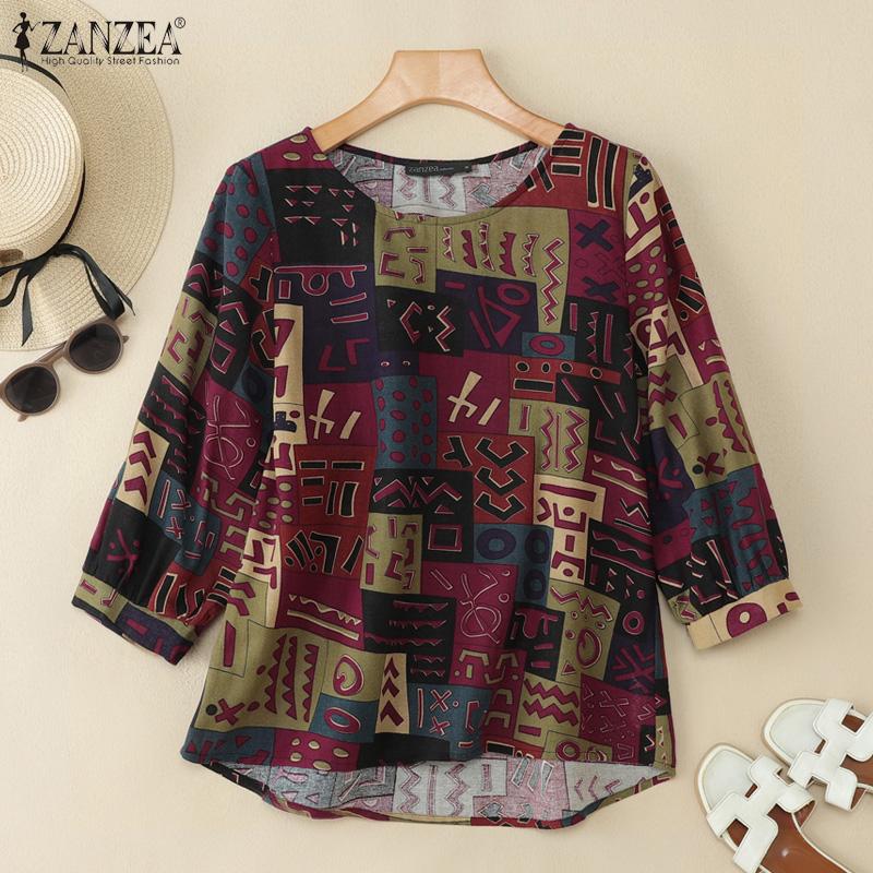 

ZANZEA Women Casual Round Neck 3/4 Sleeve Cotton Retro Print Blouse 5XL вина червоного кольору