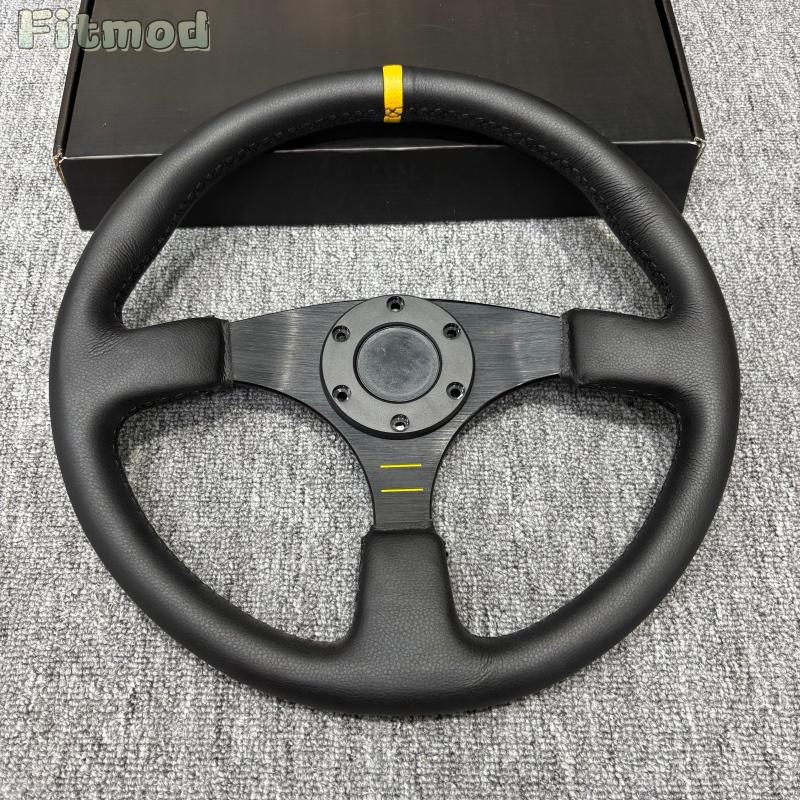 JDM 14-inch 350MM Racing Modified Leather Steering Wheel, Flat Drift Sports Game Steering Wheel PCD70MM